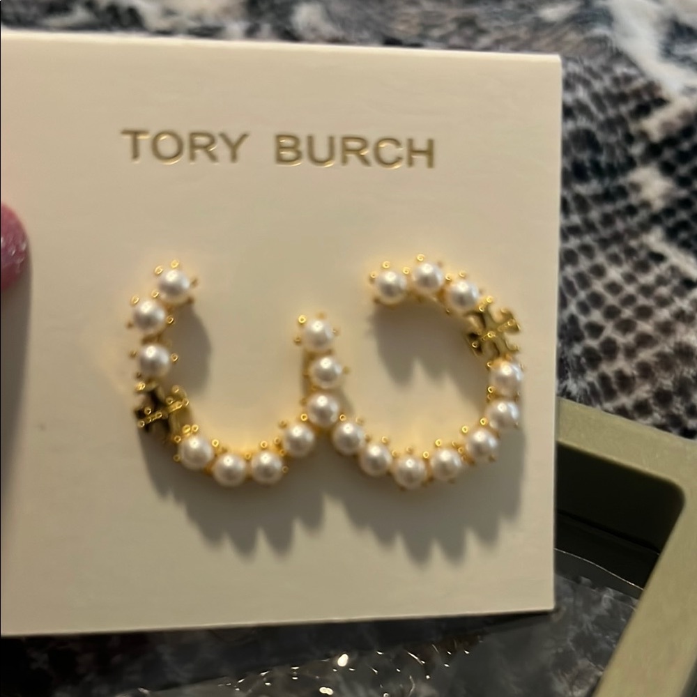 Tory Burch Gold and White Pearl Hoop Earrings